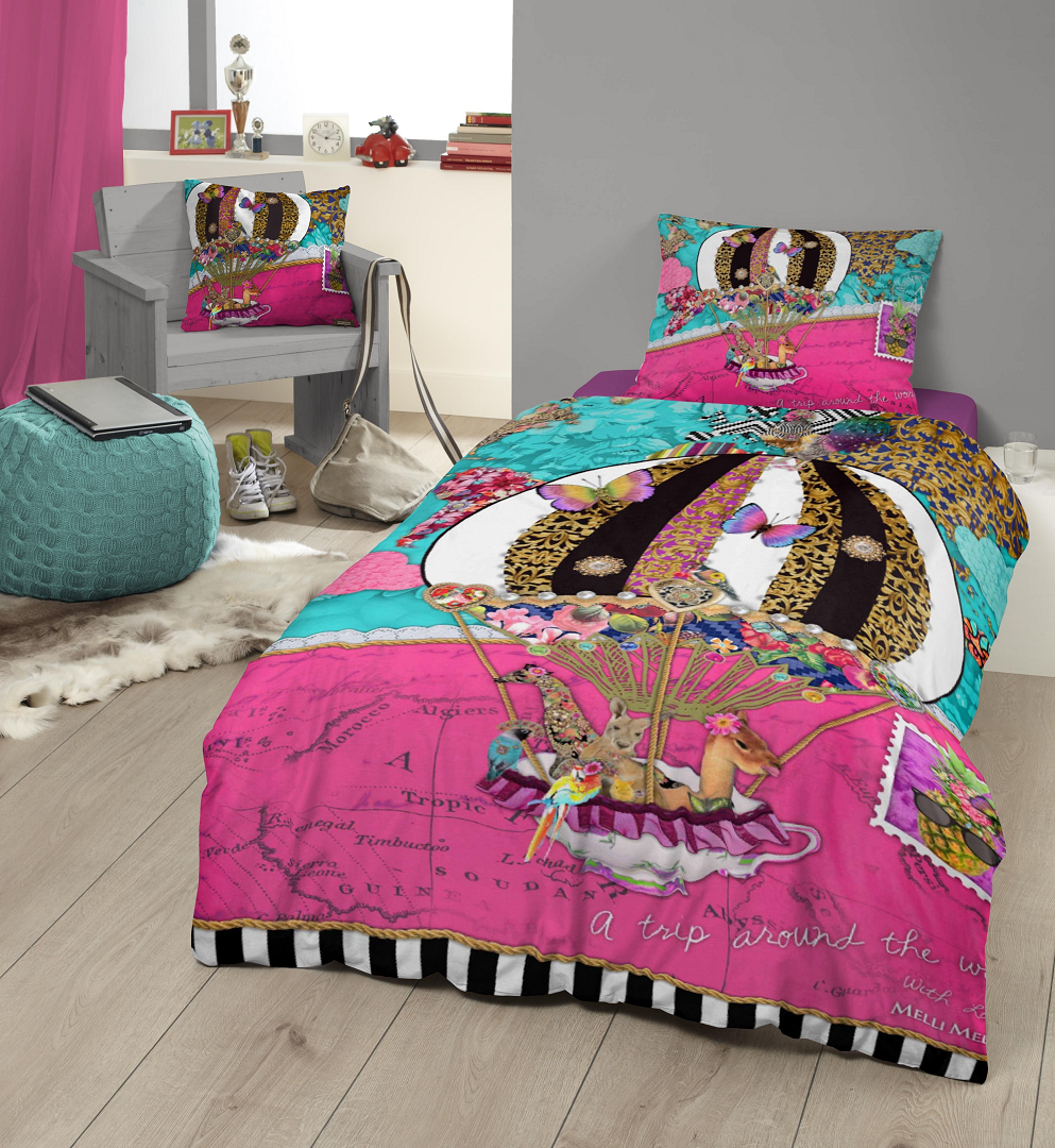 Set de lenjerie de pat “Calatoria in jurul lumii”, 100% satin de bumbac